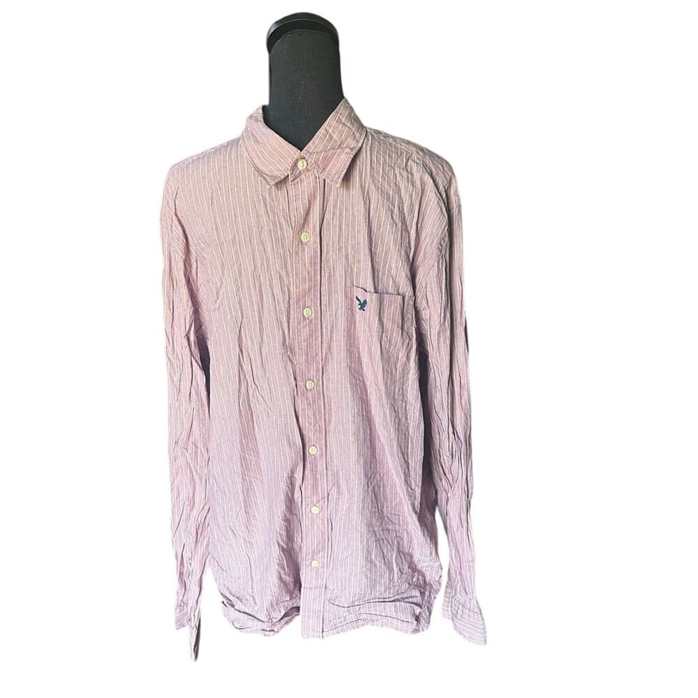 American Eagle Men’s Red Striped Button-Up Shirt | Cotton Casual